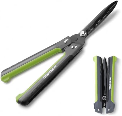 WORKPRO Heckenschere 58,5 cm mit 14° Wellenschliff, Klappbar | Ergonomische Griffe, Präziser Wellenschliff, für Hecken, Sträucher und Rasenkanten,Strauchschere, Heckenschere Manuel