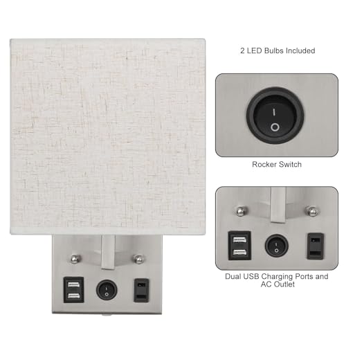 YBING Bedside Wall Lamp Plug in Cord Set of 2, Plug in Wall Sconce Nightstand Wall Lights with Dual USB Ports and AC Outlet Bedside Wall Sconces for Bedroom (2 Bulbs Included) by YBING - Used condition - Image 4