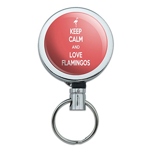 Metal Retractable Reel ID Badge Key Holder with, Love Flamingos Pink Bird