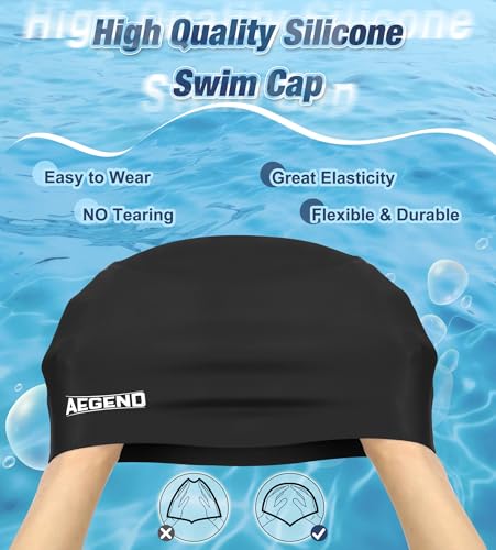 Aegend Swim Caps for Long Hair, Durable Silicone Swimming Caps for Women Men Adults Youths, Easy to Put On and Off, Waterproof Swim Hats Bathing Caps to Keep Hair Dry, 1 Pack, Black