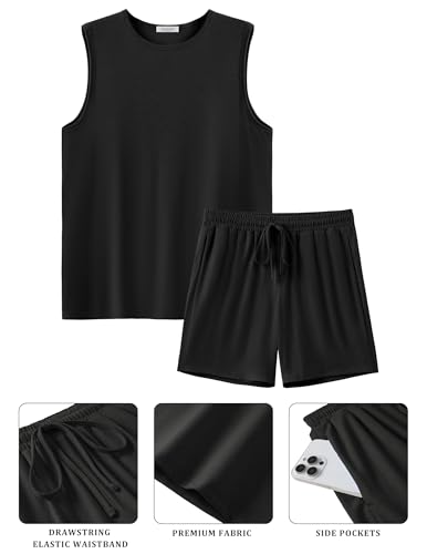 Ekouaer Men's Pajamas Set Workout Tank Top Pjs Sets with Shorts 2 Piece Soft Sleeveless Casual Sleep Shirts Loungewear Sets, Black, Medium