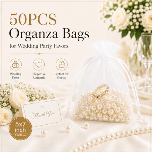ANZNKU 50 Pack Organza Bags 5 x 7 in White Small Mesh Gift Bags Bulk Drawstring for Wedding Party Favors, Little Goodie Bag for Candy Jewelry Soap Makeup, Treat Sachet Pouch for Baby Shower Graduation by ANZNKU - Image 3