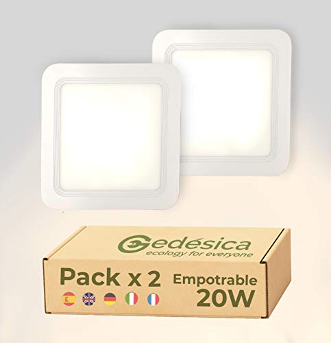 PACK X2 plafon led techo, panel led, plafones led, 20W 2000LM diámetro ⊠217mm cuadrado blanco empotrable, lampara led, lampara de techo, Dormitorio, Salon, Pasillos, Baños, Oficinas (3000K-Luz Cálida) Cover