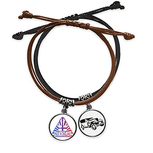 Bracelet Angleterre ajustable multi-rangs en cuir noir avec médaillon minibus vintage