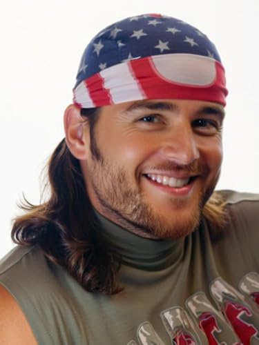 Image of Features USA flag star & stripe print, integrated wig with bandana, long curly mullet hairstyle, classic patriotic style, elastic stretch fit, no extra matching needed. (Medium Brown)