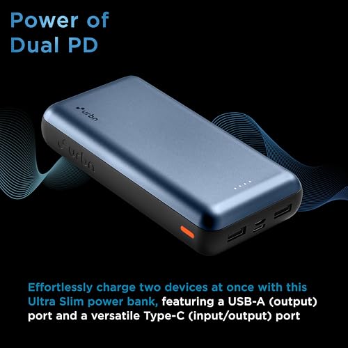 Image of URBN 20000 mAh Li-Polymer Ultra Compact Power Bank | 12W Fast Charge | Dual USB Output | Type C Micro USB Input & Micro Input Only | Pocket Size | Made in India (Blue)