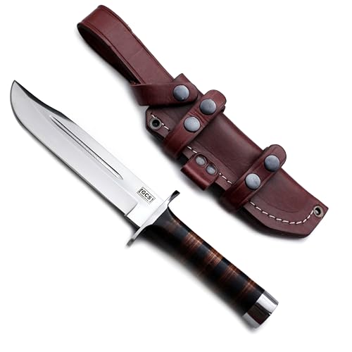GCS Handmade Stacked Leather Handle D2 Tool Steel Tactical Hunting Knife with leather sheath Full tang blade designed for Hunting & EDC GCS 501 - GCS Knives