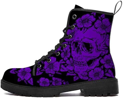 quoten Skull Boots Mens Womens Combat Boots Ankle Booties Skull Purple Floral Work Boot Shoes Gifts for Boy Girl,Size 7.5 Men/9 Women Black