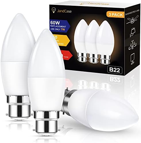 JandCase 7W B22 Candle Bulbs Bayonet, B22 LED Candle Bulb Bayonet Cap, 60W Incandescent Equivalent, Warm White 3000K, 560LM, Non-Dimmable, Energy Saving B22 LED Bulbs for Chandelier, Pack of 3