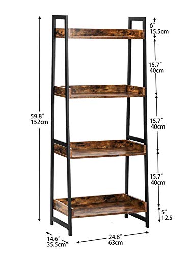 AMOAK 4-Tier Bookshelf, Industrial Ladder Shelf, Bookshelves, Vintage Bookcase, Storage Rack Shelves for Living Room, Bathroom, Wooden and Metal Frame, Retro Brown