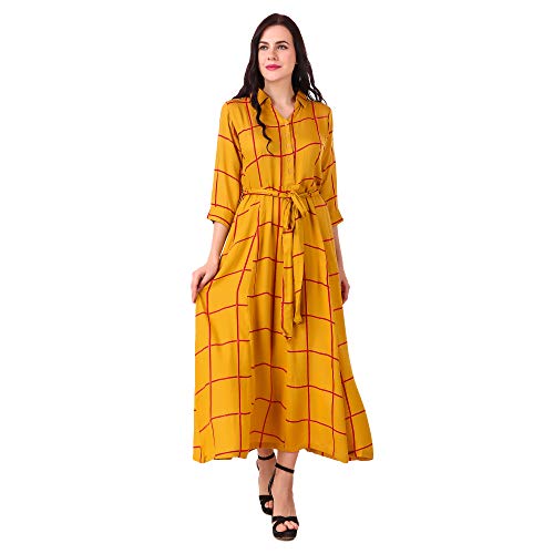 Image of MEVE Mustard Cotton Rayon Maxi Shirt Dress for Women