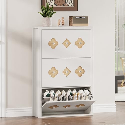 Image of GarveeHome Shoe Storage Cabinet with 3 Flip Drawers, Narrow Wood Shoe Organizer Cabinet with Floral Pattern, Freestanding Slim Shoe Rack Cabinet with Adjustable Shelves, for Entryway, Hallway, White | Floral Pattern, Shoe Cabinet for Entryway, Hallway, Living Room, Narrow Wooden Shoe Cabinet with Adjustable Shelves