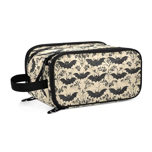 Mnsruu Large Capacity Makeup Bag, Bats and Flowers Vintage Cosmetic Bag Portable Toiletries Pouch with Compartments Makeup Organizer Case for Travel Women