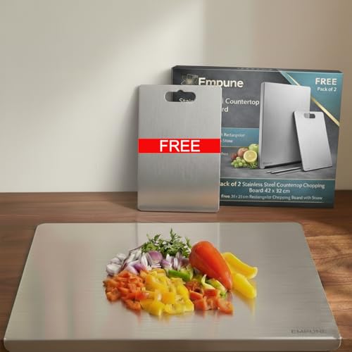 Image of Stainless Steel Countertop Chopping Board 42 x 32 cm | Free 31 x 21 cm Rectangular Chopping Board with Rubber Skid & Straw | Pack of 2
