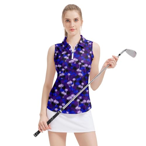 Women's Sleeveless Golf Top Hawaiian Tree Tennis Polo Shirts Zip Up Golf Workout Tank Tops Quick Dry Athletic Polo Shirts