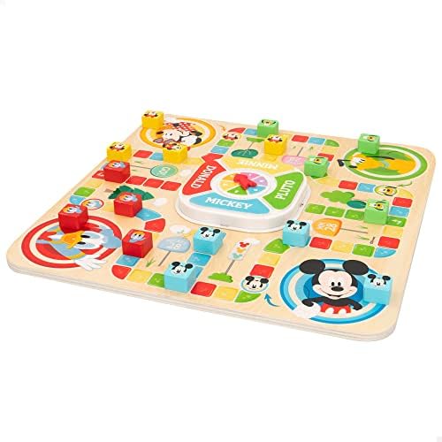 WOOMAX 48735 – Juego de parchís y oca Mickey Mouse, Juegos de mesa, Juguetes educativos, Tablero de madera, Disney, Incluye 18 piezas, A partir de 4 años, Regalos para niños