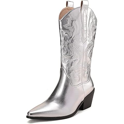 Dsevht Metallic Cowboy Boots Silver Boots for Women Silver Cowgirl Boots Mid Calf Pull-On Cover
