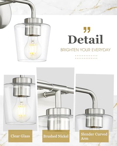 Image of 3-Light Bathroom Light Fixtures Over Mirror, Brushed Nickel | Vanity Lights for Bathroom with Clear Glass, Modern Vanity Lighting Fixtures, AD-22004-3W-SN-C