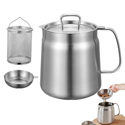 Stainless Steel Fryer Pot With Basket, Grease Container For Kitchen, Large Capacity Versatile Oil Filter Pot Vessel, Deep Fryer Pot, Bacon Grease Saver With Strainer As Shown,2.0l