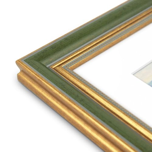 Image of Golden State Art,11x14 Ornate Picture Frame Holds 8x10 Photo,Green Gold | Includes real glass front,white mat,build-in hangers and buttons.Displays 8x10 photo on wall