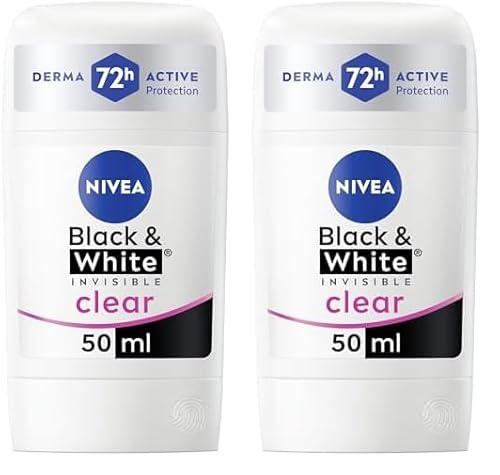 NIVEA Black & White Invisible Anti-Perspirant Stick (50ml), 72hr Anti-Sweat Deodorant Stick for Women, No Stains on Black and White Clothes (Pack of 2)