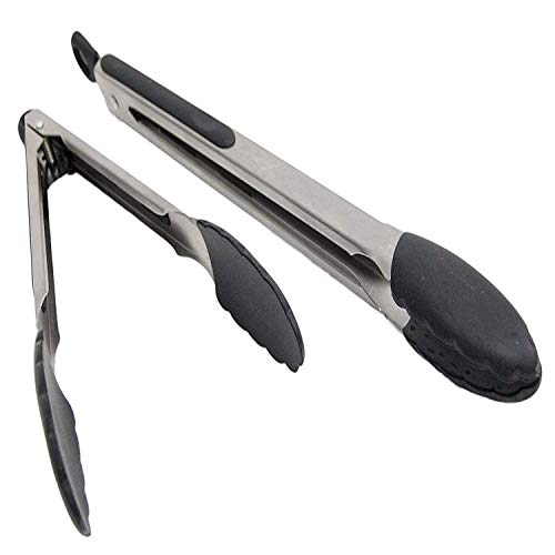 Axe Sickle Kitchen Tongs and Cooking Utensils, Red Silicone Stainless Steel Tongs with Unique Stand, Pack of 2 (9 Inch and 12 Inch)