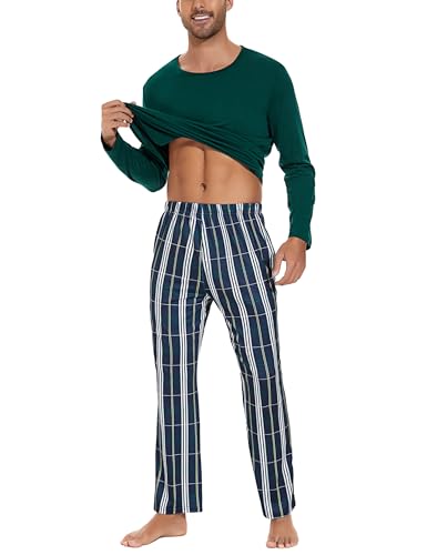 Uniexcosm Pijama de Hombre Algodón de Cuadros Manga Larga Con Bolsillo Ropa de Casa Cuello Redondo Conjunto Suave Para Casual Hogar A:PAT2 L