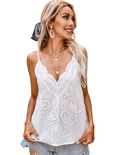 Romwe Women s Eyelet Embroidered Spaghetti Strap Deep V Solid Cami Tank Tops Camisole White M
