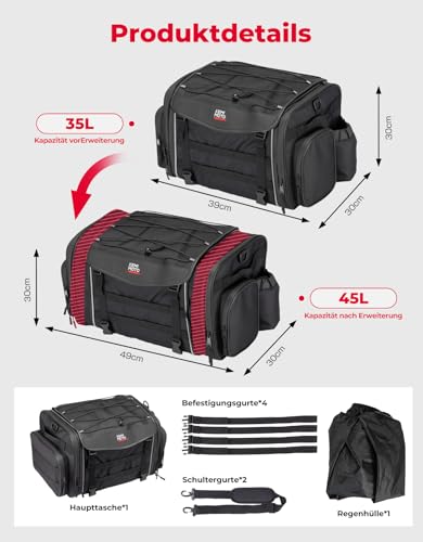 KEMIMOTO Motorrad Tasche 35-45L, wasserdichte Motorrad Hecktasche, Große Kapazität, Erweiterbare Satteltasche, Gepäckträgertasche mit Regenhülle, Einfache Montage, Schwarz
