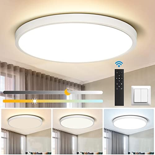 CANMEIJIA LED Ceiling Light, 24W 12 inch Bathroom Lights Ceiling with Remote Control, 3000-6500K 2520LM, Timer & Memory, Flush Ceiling Light for Living Room Kitchen Bedroom Hall Office (White)
