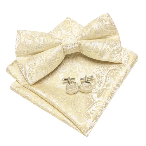 Image of Barry.Wang Paisley Striped Bow Tie for Men Silk Pre-Tied Bowtie Pocket Square Cufflinks Set Formal Wedding Party Prom