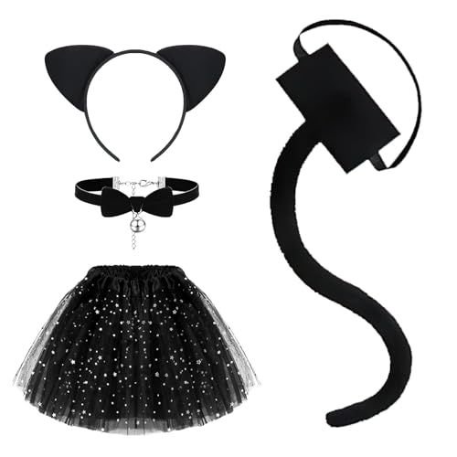 YUYWWAN Set di Accessori per Costume Gatto, Costume Gatta Bambina, Gonna in Tulle Nero, Orecchie Gatta Nere, Coda Gatto, Giochi di Ruolo Accessori per Bambine Halloween Carnevale (Nero-A)