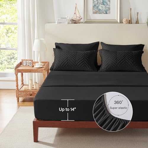 Image of Zzlpp Queen Comforter Set 7 Pieces, Black Tufted Bed in a Bag with Comforter and Sheets,All Season Boho Bedding Sets with Comforter, 2 Pillow Shams, 2 Pillowcases, 1 Flat Sheet, 1 Fitted Sheet