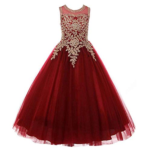 Gzcdress Burgundy Flower Girl Dresses Beaded Gold Applique Prom Pageant Dresses for Girls