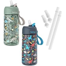 Bentgo Kids Water Bottle 2-Pack - New & Improved 2023 Set With 2-Pack of Water Bottle Replacement Straws Dinosaur/Dino Fossils