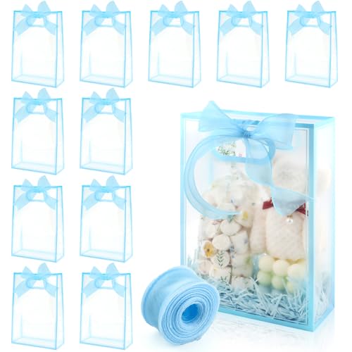 ARPOVIST 12 Pcs Clear Plastic Gift Bags with Handles, 10.2x7.1x3.1 Inch Blue Reusable Party Favor Bag Transparent Gift Wrap Bag Bulks with Ribbon for Bridal Wedding Birthday Party Baby Shower