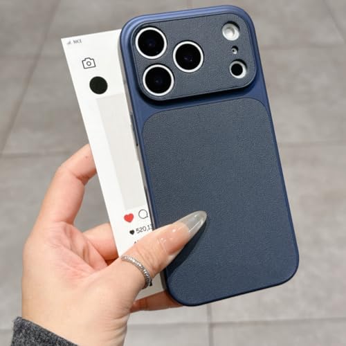 Coque rigide iPhone 15 Plus luxe en simili cuir bleu marine avec fenêtre