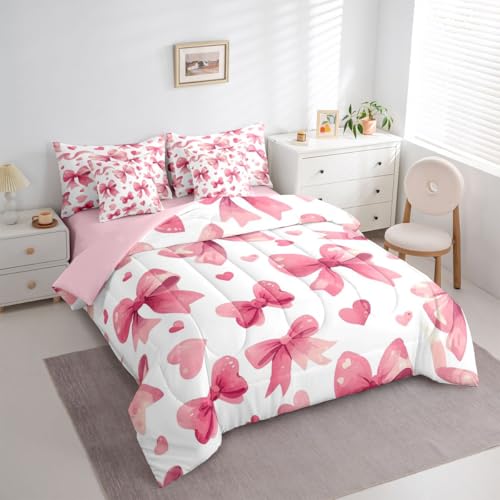 Image of Pink Bow King Size Comforter Set with Sheets | Watercolor Bow 7 Piece Bedding Set Dreamy Princess Bowknot Bed in a Bag, Cute Love Hearts Room Decor,Light Pink Room Decor Aesthetic