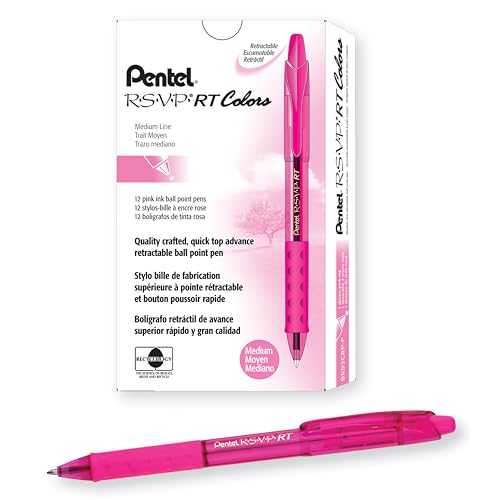 Pentel RSVP RT Colors Retractable Ballpoint Pen, (1.0mm) Medium Line, Barrel, Pink Ink, Box of 12 (BK93CRP-P)