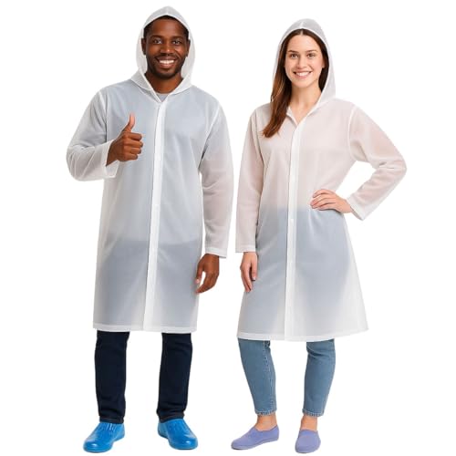 Capa de Chuva EVA Adulto Unisex c/Capuz Impermeável Resistente Feminina Masculina Poncho branco transparente reutilizável para viagem acampamento homens e mulheres forro com botão passeio festas shows