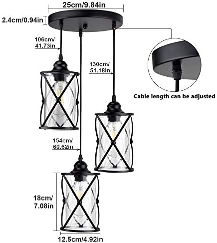 Depuley 3-Light Industrial Pendant Light, Black Metal Cage Hanging Chandelier Lights with Inner Glass Shade, Vintage Ceiling Swag Lighting Fixture for Kitchen/Dining Room/Hallway/Bedroom, E27 Base