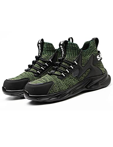 Legou Zapatos de seguridad Hombres Zapatos de trabajo ligeros transpirables mujeres deporte acero Toe Cap zapatos anti-puñalada microfibra cuero zapatos, Green, 44 EU