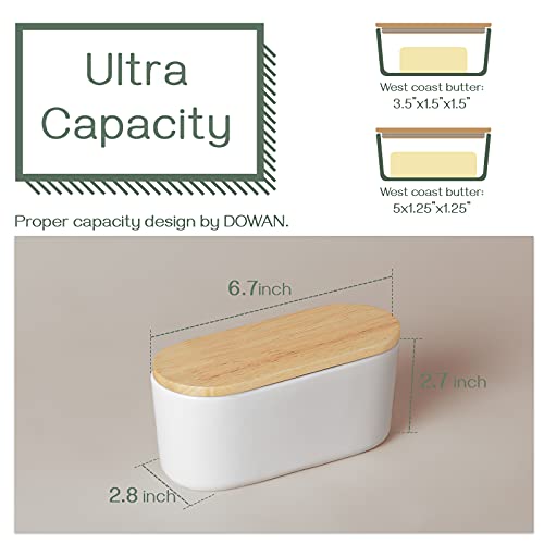 Dowan Porcelain Butter Dish, Covered Butter Container With Wooden Lid For Countertop, Airtight Butter Keeper With Covers For East West Coast Butter, White #TOP2