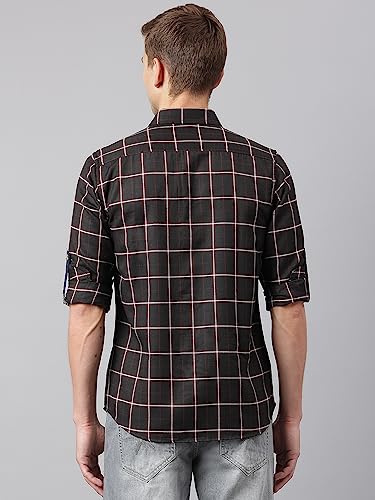 Image of Thomas Scott Men's Polyester Checkered Slim Fit Casual Shirt with Spread Collar and Long Sleeve (TS1045 Wood)