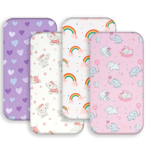 Image of 4 Pack Baby Girl Bassinet Sheets Set Soft Fitted Floral or Elephant Theme Baby Girl Mattress Covers Breathable Toddler Bed Sheets for Infant or Newborn Girls (Elephant, Bassinet Sheets)