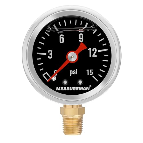 MEASUREMAN 1-1/2" Dial Size Black Dial, Glycerin Filled Fuel Pressure Gauge, 304 Stainless Steel case, 0-15Psi, -3-2-3%, 1/8" NPT Lower Mount