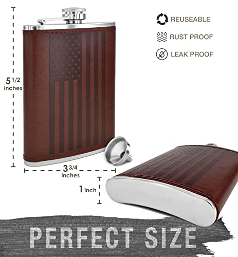 American Flag Flask - 8 Oz Premium Soft Touch Leather Wrap | 304 Highest Food Grade Stainless Steel | Leak Proof Slim Hip Flasks | Classic American Flag Design | Bonus Funnel #TOP2