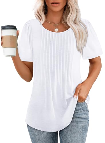 Womens Tops Dressy Casual Trendy Pleated Short Sleeve Summer Shirts White XXL