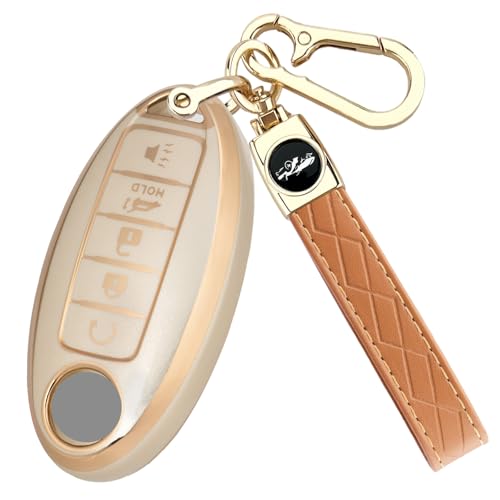 Joouheax Key Fob Cover for Nissan with Key Chain 5 Button Soft TPU Key Fob Case Protection Shell for Nissan Infiniti Altima Maxima Rogue Armada Pathfinder Gold