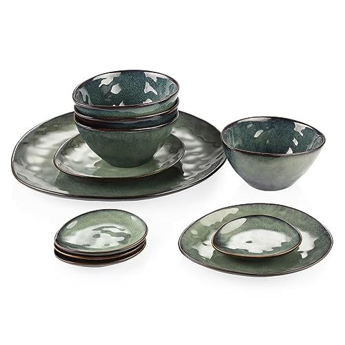 Ceramiczny zestaw zastawy stołowej, 11-częściowy zestaw obiadowy w stylu vintage, z talerzem do serwowania, talerzem deserowym, miską i spodkiem